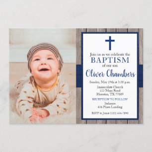 Invitation Rustic Navy & Wood Boy Photo Baptême