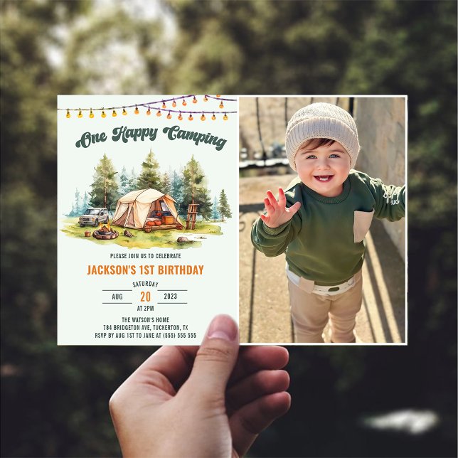 Invitation Rustic One Happy Camper 1st Birthday Party Photo (Créateur téléchargé)