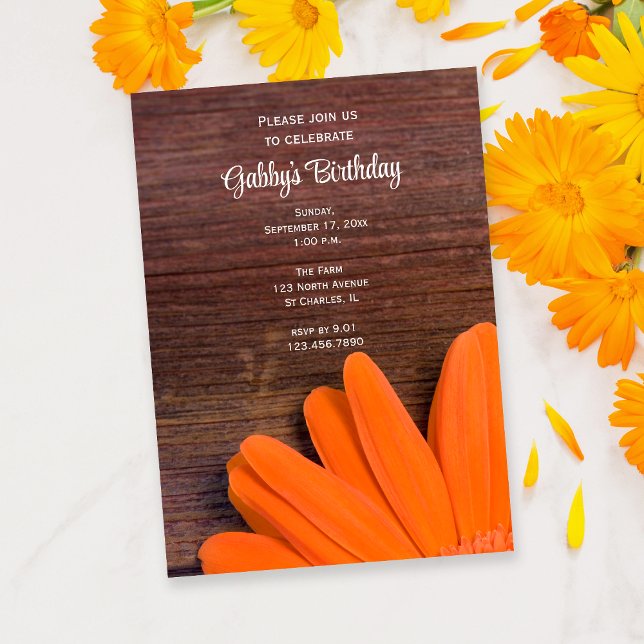 Invitation Rustic Orange Daisy et Barn Wood fête d'anniversai (Créateur téléchargé)