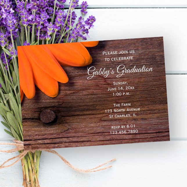Invitation Rustic Orange Daisy Graduation Fête de la grange (Créateur téléchargé)