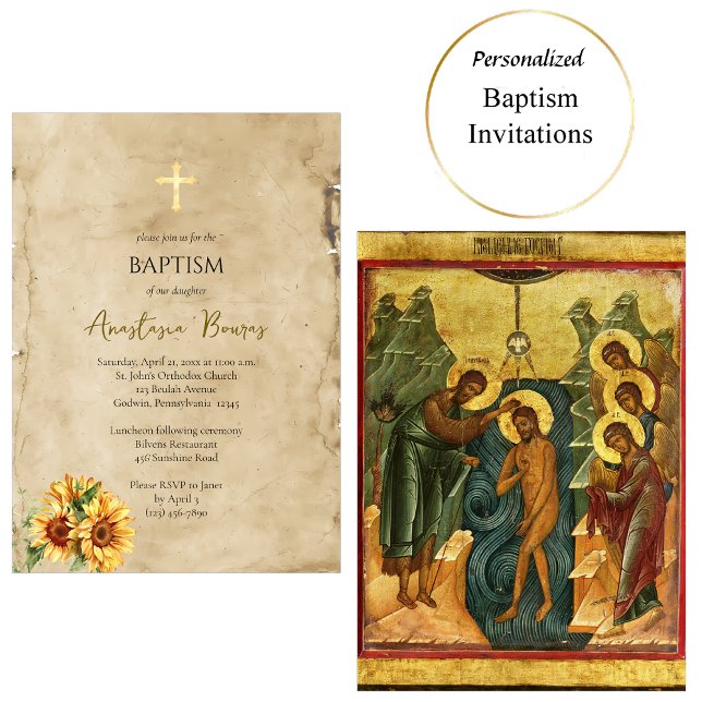 Invitation Rustic Parchment Sunflowers Orthodox Baptism       (Créateur téléchargé)
