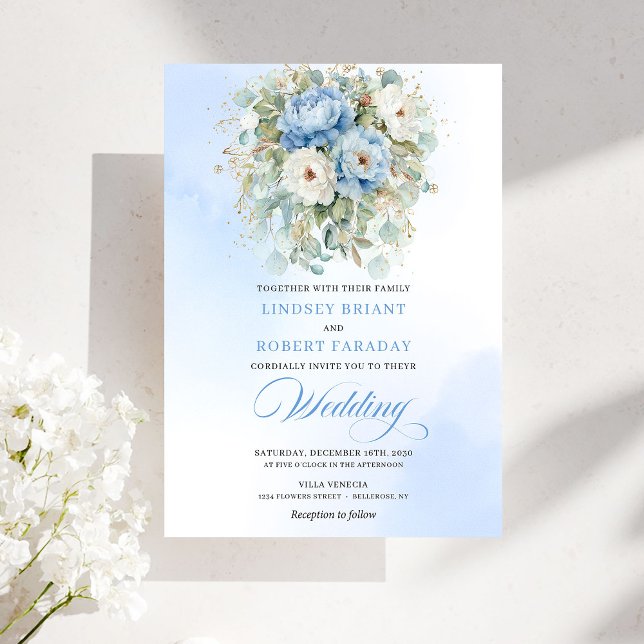 Invitation Rustic Pastel Blue White Peony Eucalyptus Gold Wed (Rustic Pastel Blue White Peony Eucalyptus Gold Wedding)