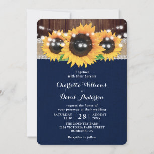 Invitation Rustic Pays Marine Blue Sunflower Grange Mariage