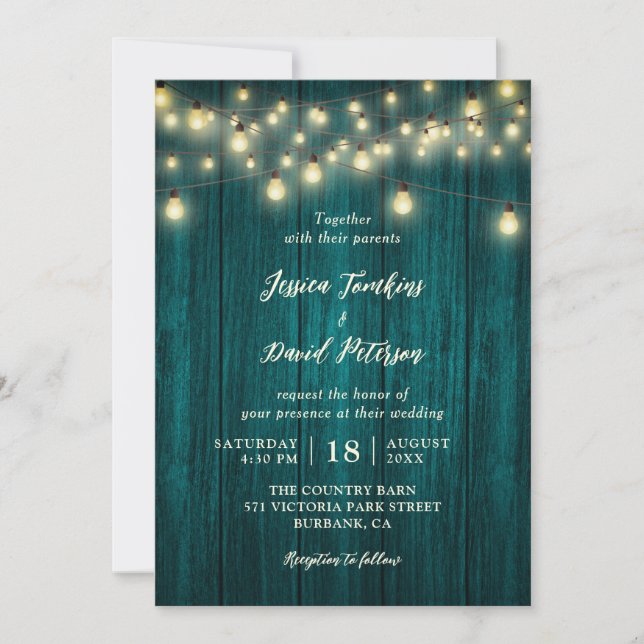Invitation Rustic Pays Turquoise Bois Chaîne Lumière Mariage (Devant)