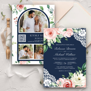 Invitation Rustic Peach Floral Lace Navy Blue QR Code Wedding