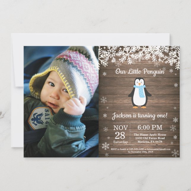 Invitation Rustic Penguin Winter Boy Photo Anniversaire (Devant)