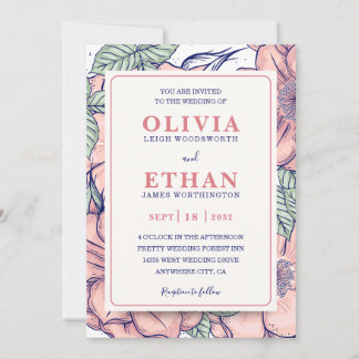 Invitation Rustic Pink Floral Hand Drawn Botanical Wedding 