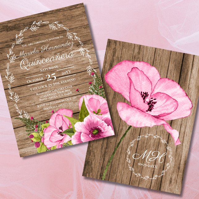 Invitation Rustic Pink Watercolor Poppies Quinceañera (Créateur téléchargé)