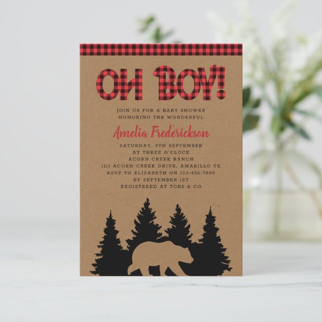 Invitation Rustic Plaid Ours Oh Baby shower garçon (Debout devant)