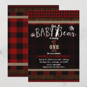 Invitation Rustic Plaid Red Baby Bear Un 1er anniversaire fêt