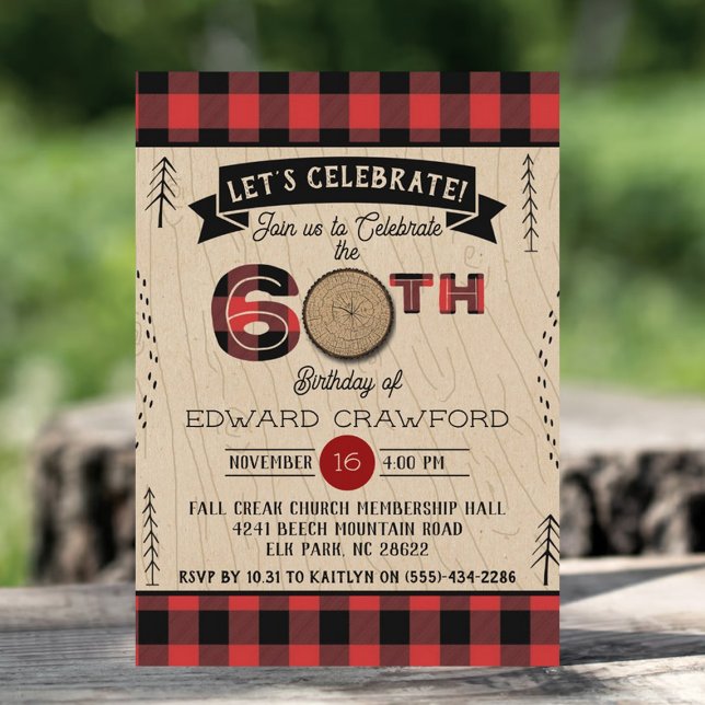 Invitation Rustic Plaid Woodsy Adulte 60e Anniversaire (Créateur téléchargé)
