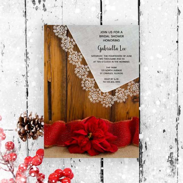 Invitation Rustic Poinsettia Fête des mariées d'hiver (Set a warm festive tone for your bridal shower with this wintery rustic invitation.)