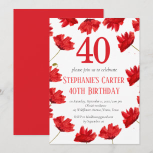 Invitation Rustic Poppy 40e anniversaire Fleur sauvage Rouge 