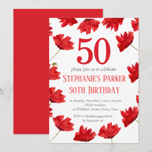 Invitation Rustic Poppy 50e anniversaire Fleur sauvage Rouge 