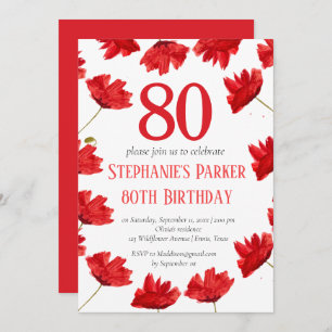 Invitation Rustic Poppy 80e anniversaire Fleur sauvage Rouge 