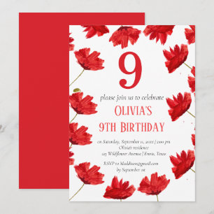 Invitation Rustic Poppy 9e anniversaire Fleur sauvage Rouge F