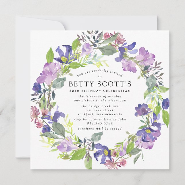 Invitation Rustic Purple et Blue Floral 60e fête d'anniversai (Devant)