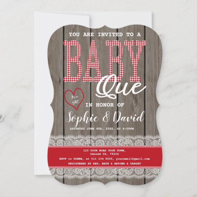 Invitation Rustic Red En vichy Wood Girl Baby shower BBQ (Devant)