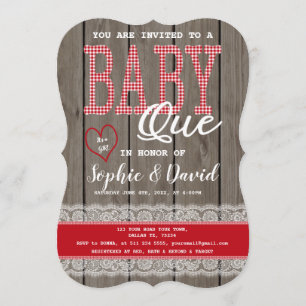 Invitation Rustic Red En vichy Wood Girl Baby shower BBQ