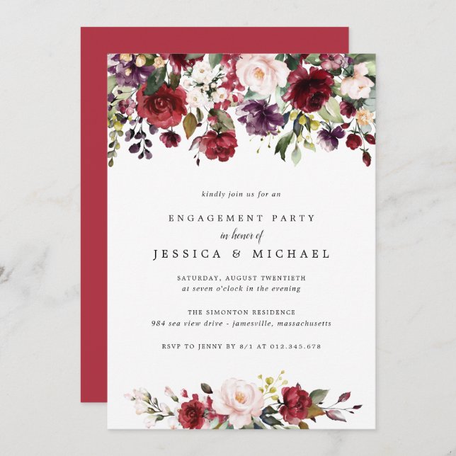 Invitation Rustic Red Floral (Devant / Derrière)