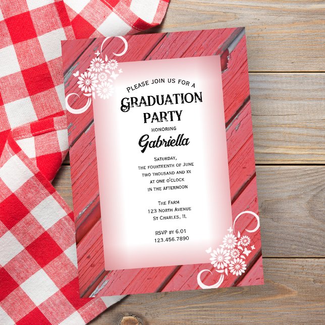 Invitation Rustic Red Grange Wood Floral Farm Graduation Part (Créateur téléchargé)