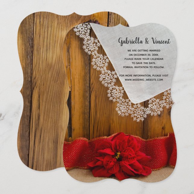 Invitation Rustic Red Poinsettia Mariage d'hiver Enregistrer  (Devant / Derrière)