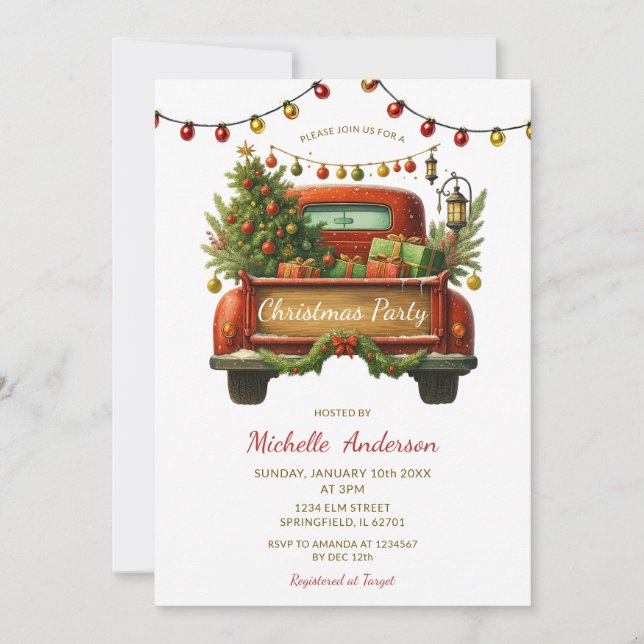 Invitation Rustic Red Truck Winter Pine Tree Christmas Party (Devant)