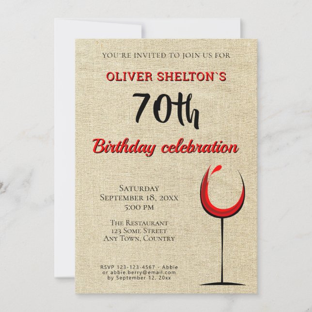 Invitation Rustic Red Wine Glass 70e anniversaire (Devant)