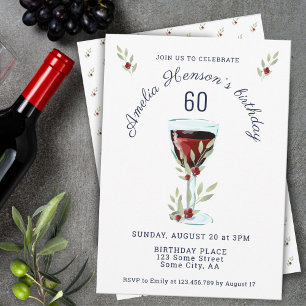 Invitation Rustic Red Wine Rose aquarelle 60e anniversaire