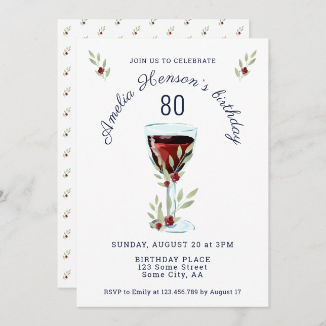 Invitation Rustic Red Wine Rose Aquarelle 80e anniversaire (Devant / Derrière)