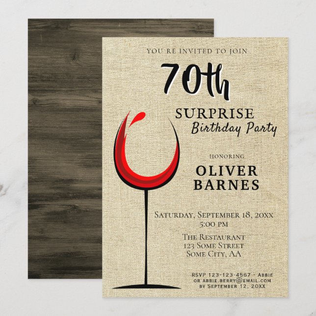 Invitation Rustic Red Wine Surprise 70e anniversaire (Devant / Derrière)