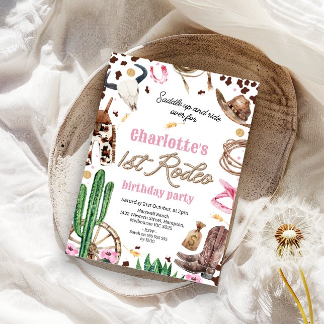 Invitation Rustic Rose Brown Girls 1er Rodéo 1er Anniversaire (EDITABLE Girls First Rodeo Birthday Invitations, Rustic Southern Country Cowgirl First Birthday)