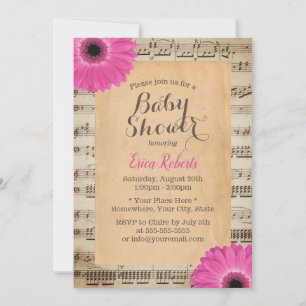 Invitation Rustic Rose Daisy Floral Vintage Music Baby shower