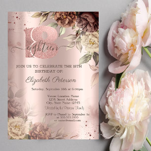 Invitation Rustic Roses Rose Gold 18e Anniversaire