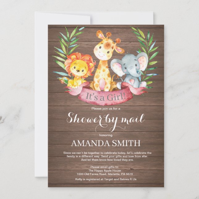 Invitation Rustic Safari Jungle Baby shower fille par la post (Devant)