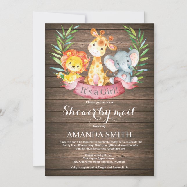 Invitation Rustic Safari Jungle Baby shower fille par la post (Devant)