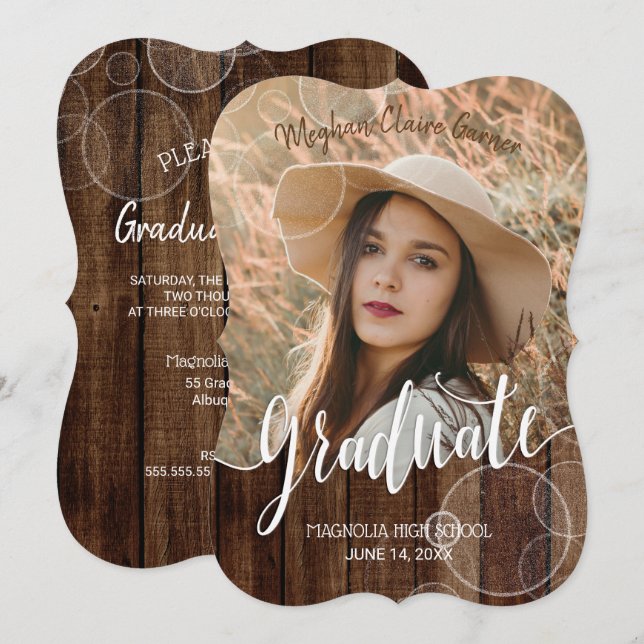 Invitation Rustic Script Gold Bokeh Photo Graduation (Devant / Derrière)