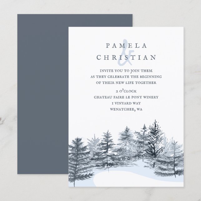 Invitation Rustic, Slate Gray Pine Trees Forest Wedding (Devant / Derrière)
