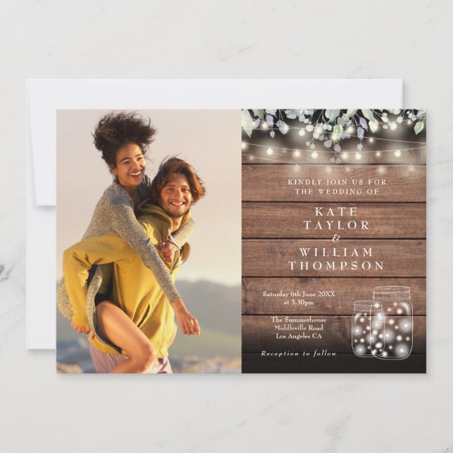 Invitation Rustic String Lights Jars Verdure Mariage photo (Devant)