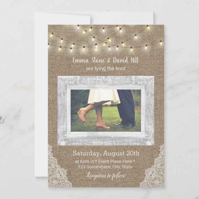 Invitation Rustic String Lights Laced Burlap Mariage Photo (Devant)