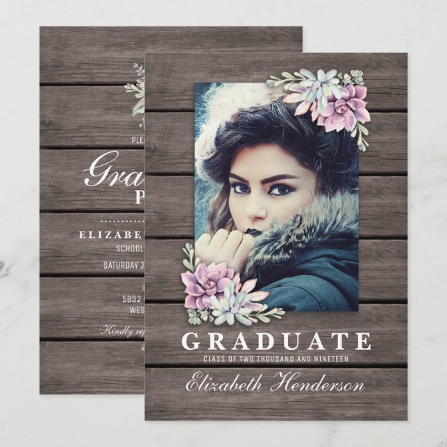 Invitation Rustic Succulent Photo 2025 Graduation Party (Devant / Derrière)