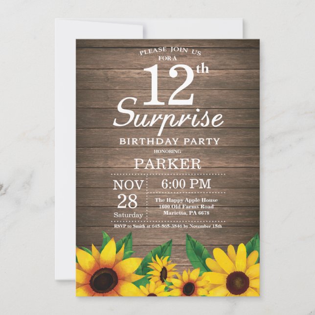 Invitation Rustic Sunflower Surprise 12e anniversaire Invitat (Devant)