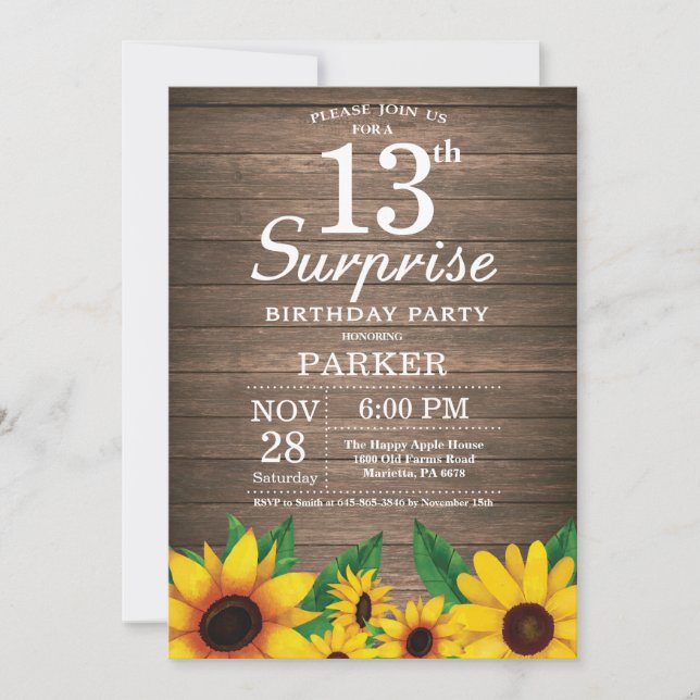 Invitation Rustic Sunflower Surprise 13e anniversaire Invitat (Devant)
