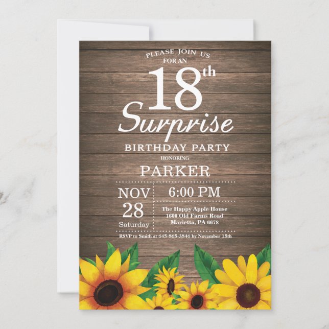 Invitation Rustic Sunflower Surprise 18e anniversaire Invitat (Devant)