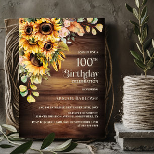 Invitation Rustic Sunflower Wood 100e fête d'anniversaire