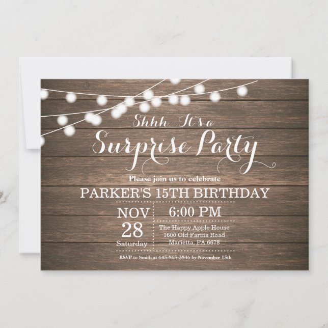 Invitation Rustic Surprise 15e anniversaire Bois (Devant)