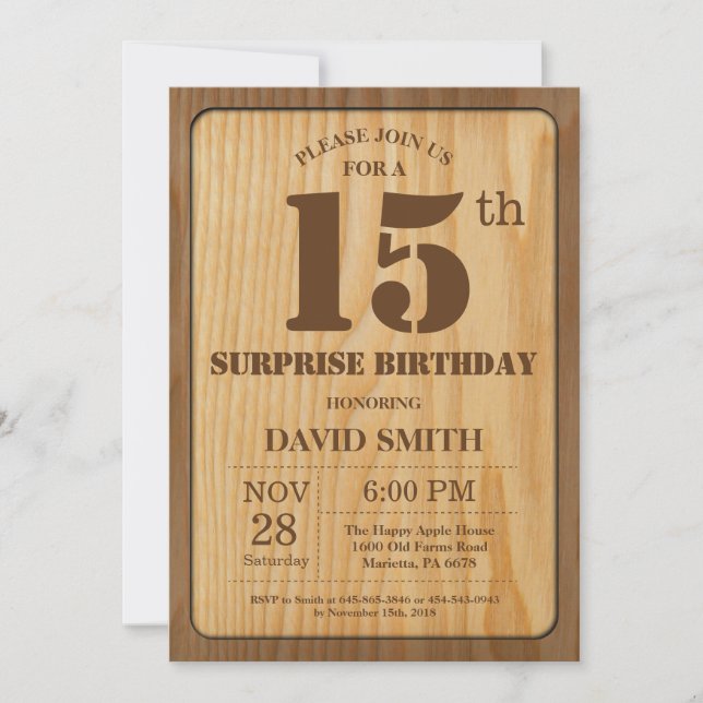 Invitation Rustic Surprise 15e anniversaire Bois (Devant)