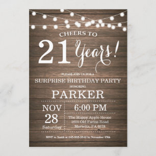 Invitation Rustic Surprise 21e anniversaire Bois