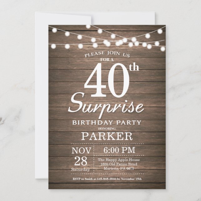 Invitation Rustic Surprise 40e anniversaire Bois (Devant)