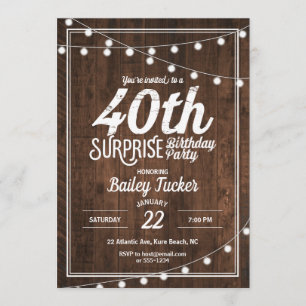 Invitation Rustic Surprise 40e fête d'anniversaire